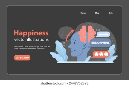 Brain's joy journey. Highlighting the release of endorphins, the feel-good chemicals, this illustration visualizes the connection between positive stimuli and a happy mood. Happiness in neuroscience