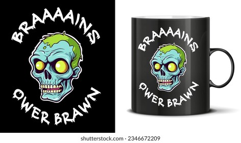 Brains over brawn Halloween party cartoon style zombie haed with funny lettering vector mug mockup on black. Horror font. T-shirt, mug, bag design, typography. For print, logo, poster, banner, stuff.