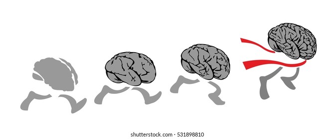 Brains run, the smartest - the fastest. People brain following the leader creative man. Leadership. Flat vector drawn illustration on background black.