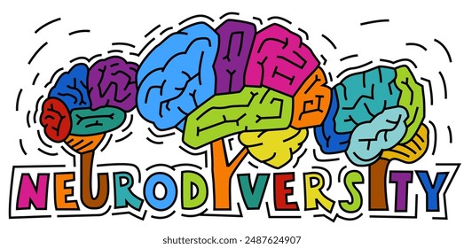 Brains in a shape of trees in a vibrant spectrum of colors. This vividness represents the diversity of human minds and experiences. Pop art editable vector illustration isolated on a white background