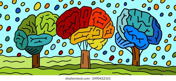 Brains in a shape of trees in a vibrant spectrum of colors. This vividness represents the diversity of human minds and experiences. Pop art editable vector illustration isolated on a white background