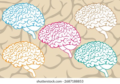 Los cerebros en varios colores crean un patrón dinámico, ilustrando conceptos de inteligencia, mente, pensamiento diferente y diversidad neurológica sobre un fondo cerebral