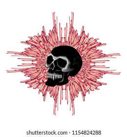 The brains of zombies are draining, splashing. Black skull of skeleton. Holiday Halloween. Vector illustration.