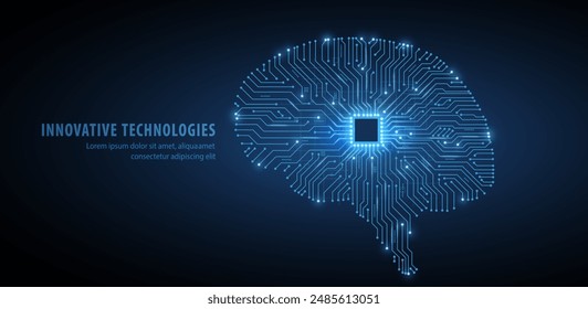 Brain-shaped circuit board with chip. Artificial intelligence, Digital memory, Deep neural network education technology, Brain connect, AI data analysis, Futuristic tech, AI concept