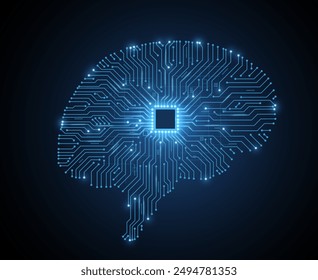 Gehirnförmige Leiterplatte mit Chip. Künstliche Intelligenz, Digitales Gedächtnis, Deep neural network education technology, Brain connect, KI-Datenanalyse, Futuristische Technologie, KI-Konzept