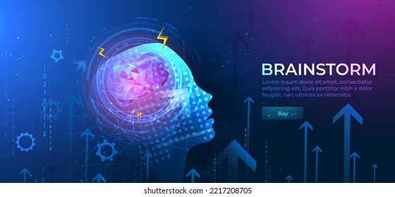 Brainstorm banner. The brain strains, lightning and rays. Finding a creative idea, solving a problem, having an epiphany. Creative inspiration, unlock creativity, new idea, brainstorming.