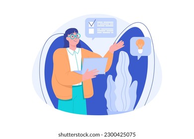 Concepto azul de lluvia con la escena de la gente en el estilo de dibujos planos. La mujer de negocios se da cuenta de sus ideas sobre el trabajo futuro. Ilustración vectorial.