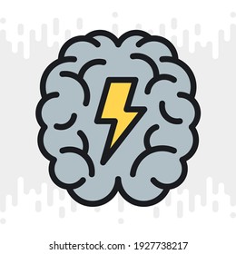 Icono de lluvia de ideas o de lluvia de ideas. El cerebro humano con un rayo en el interior. Versión de color simple en un fondo gris claro