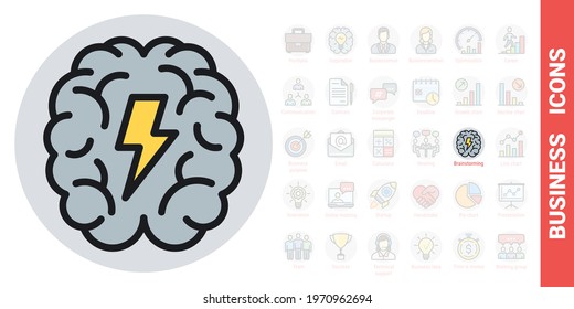 Brainstorm or brainstorming icon. Human brain with a lightning bolt inside. Simple color version from a series of business icons