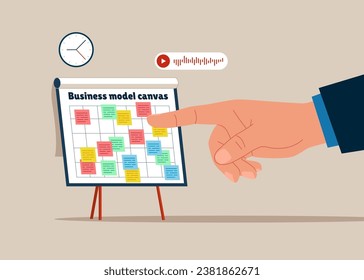 Brainstorm for business idea. Present business model on whiteboard. Brainstorm for business idea. Flat vector illustration 