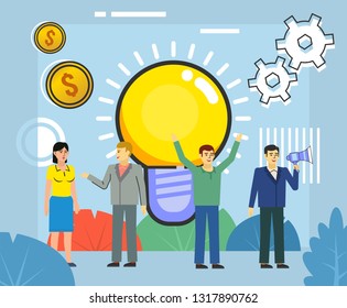 Brainstorm, business idea, startup concept. People stand near big idea light bulb. Poster for social media, banner, web page, presentation. Flat design vector illustration