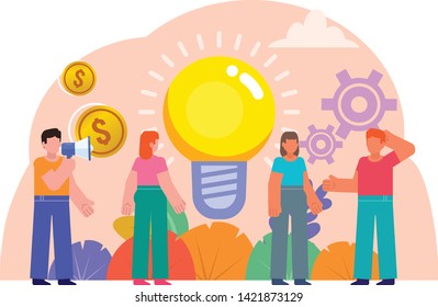 Brainstorm, business idea, startup concept. People stand near big idea light bulb. Poster for social media, banner, web page, presentation. Flat design vector illustration