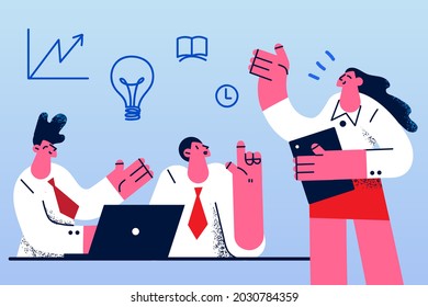 Brainstorm, Business negotiations, Creative idea concept. Young smiling business people discussing business project in office having great ideas in mind vector illustration 