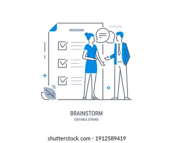 Brainstorm. Business People Discussing. Businessman Teamwork Office Meeting Communication Concept. Professional Conference Employee. Vector Line Art Illustration. Editable Stroke.