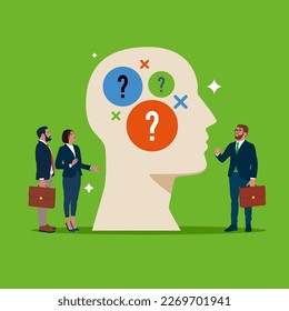 Brainstorm business people, self questioning and decision making.  Modern vector illustration in flat style. 