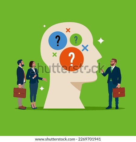 Brainstorm business people, self questioning and decision making.  Modern vector illustration in flat style. 