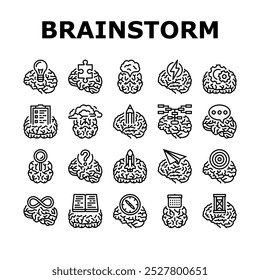 brainstorm business team think icons set vector. brain solution, strategy creative, teamwork people, work mind, human, bulb, target brainstorm business team think black contour illustrations