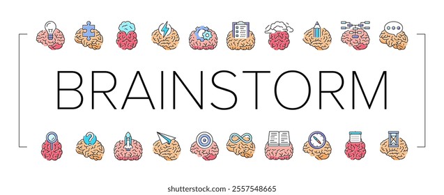 brainstorm business team think icons set vector. brain solution, strategy creative, teamwork people, work mind, human, bulb, target brainstorm business team think color line illustrations