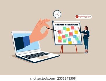Brainstorm. Businessman  through the laptop and partner present business model on whiteboard.  Flat modern vector illustration.