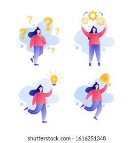 Brainstorm. Businesswoman solving a problem. Steps decision problem, solving process, generator ideas, succeed. Vector illustration.