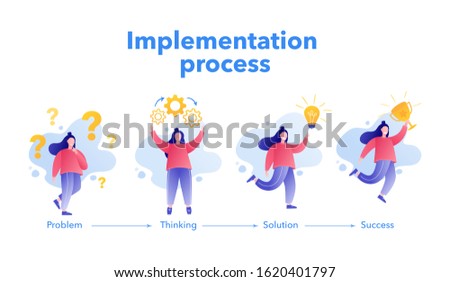 Brainstorm. Businesswoman solving a problem. Steps decision problem, solving process, generator ideas, succeed. Vector illustration.
