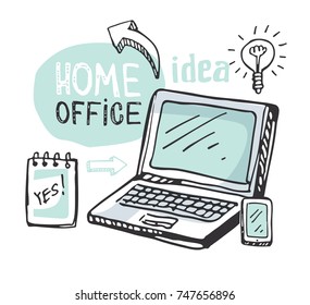 Concepto de lluvia de ideas. Diseño plano de empresa y idea. Oficina doméstica de dibujos a mano