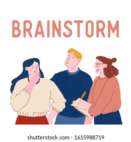 Brainstorm Concept. Business People Discussing Idea on Office Meeting. Team Project Development, Teamwork Process. Employees Communicate Poster Banner Flyer Brochure. Cartoon Flat Vector Illustration