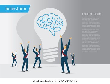 Brainstorm concept with business team in flat style. Lightbulb as idea symbol. Collaboration teamwork brainstorming. Business illustration for your graphic design, Web site, UI. EPS