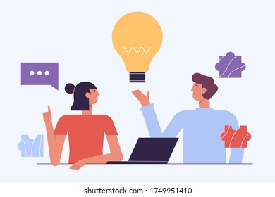 Brainstorm Concept. Creative People. Have Idea Working Together with Laptop .Successful Team in Coworking Space Developing Project. Partnership Cartoon Flat Vector Illustration