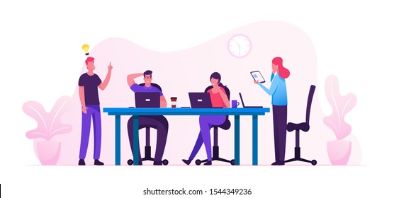 Brainstorm Concept. Creative People in Office Have Idea Working Together with Laptops and Tablet. Successful Team in Coworking Space Developing Project. Partnership Cartoon Flat Vector Illustration