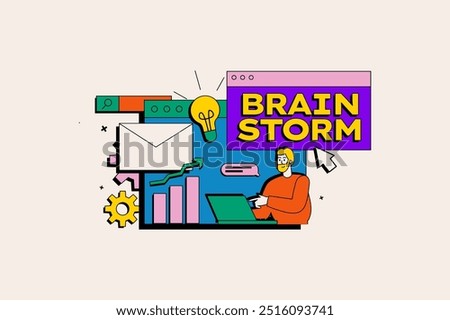Brainstorm concept in the flat cartoon style. A colorful illustration depicts a combination of different elements such as gears, diagrams, an envelope. Vector illustration.