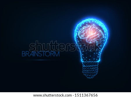 Brainstorm concept with futuristic glowing low polygonal light bulb and human brain isolated on dark blue background.  Creativity, idea, success. Modern wireframe design vector illustration. 