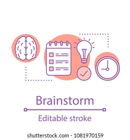 Brainstorm concept icon. Generating idea. Thinking process idea thin line illustration. Problem solving. Vector isolated outline drawing. Editable stroke
