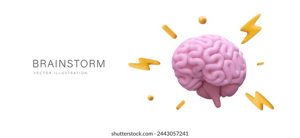 Concepto de lluvia de ideas. Los relámpagos salen volando de un cerebro rosa y realista. Trabajo duro, poder de pensamiento