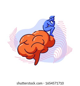 Brainstorm concept. Man sitting on brain, searching for new idea solutions, hard thinking vector illustration.