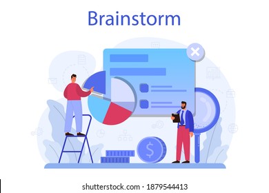 Brainstorm concept. New idea generation in teamwork discussion. Making innovation and moving towards success. Isolated flat vector illustration