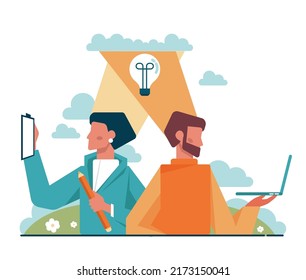 Brainstorm concept. New idea generation in teamwork discussion. Making innovation and moving towards success. Isolated flat vector illustration