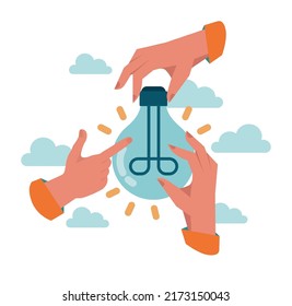 Brainstorm concept. New idea generation in teamwork discussion. Making innovation and moving towards success. Isolated flat vector illustration