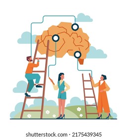 Brainstorm concept. New idea generation in teamwork discussion. Making innovation and moving towards success. Isolated flat vector illustration