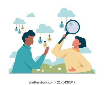 Brainstorm concept. New idea generation in teamwork discussion. Making innovation and moving towards success. Isolated flat vector illustration