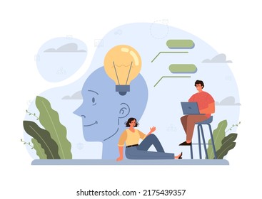 Brainstorm concept. New idea generation in teamwork discussion. Making innovation and moving towards success. Isolated flat vector illustration