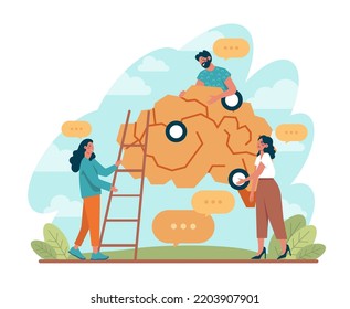 Brainstorm concept. New idea or problem solution generation in a team discussion. Making innovation and moving towards success. Flat vector illustration