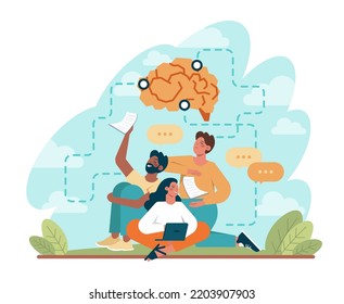 Brainstorm concept. New idea or problem solution generation in a team discussion. Making innovation and moving towards success. Flat vector illustration