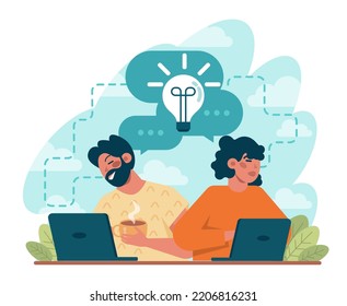 Brainstorm concept. New idea or problem solution generation in a team discussion. Making innovation and moving towards success. Flat vector illustration