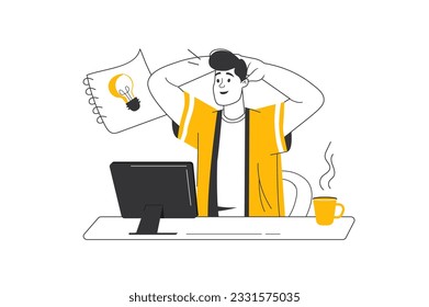 Concepto de tormenta de ideas con la escena de la gente en el estilo de dibujo plano. Joven empresario generando ideas para nuevas empresas. Ilustración vectorial.