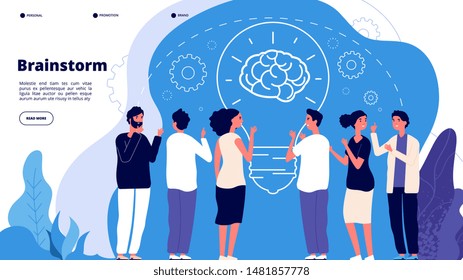 Brainstorm concept. Professionals launching creative project, brainstorming. Startup innovation teamwork business vector landing page