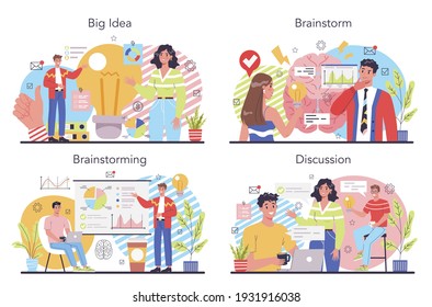 Brainstorm Konzept Set. Neue Ideengeneration in der Teamarbeit. Innovation und Erfolg. Einzelne flache Vektorgrafik
