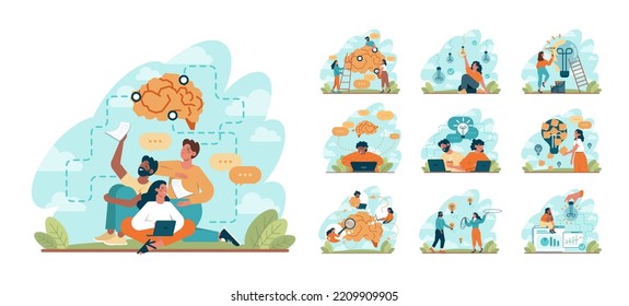 Brainstorm concept set. New idea or problem solution generation in a team discussion. Making innovation and moving towards success. Flat vector illustration