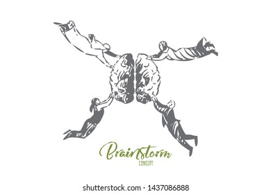 Brainstorm concept sketch. Flying arab businessman and businesswoman teamwork, muslim discussing problem solution, idea generation metaphor, business partnership banner. Isolated vector illustration