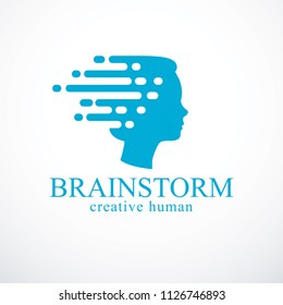 Brainstorm concept, vector design of human head profile with thoughts moving fast. Vector logo or icon template.